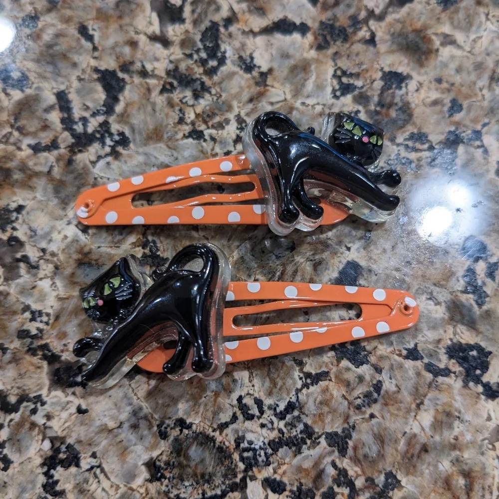 VTG Gymboree Halloween Black Cat Hair Snap Clips set of 2 Barrettes Kitty Cat